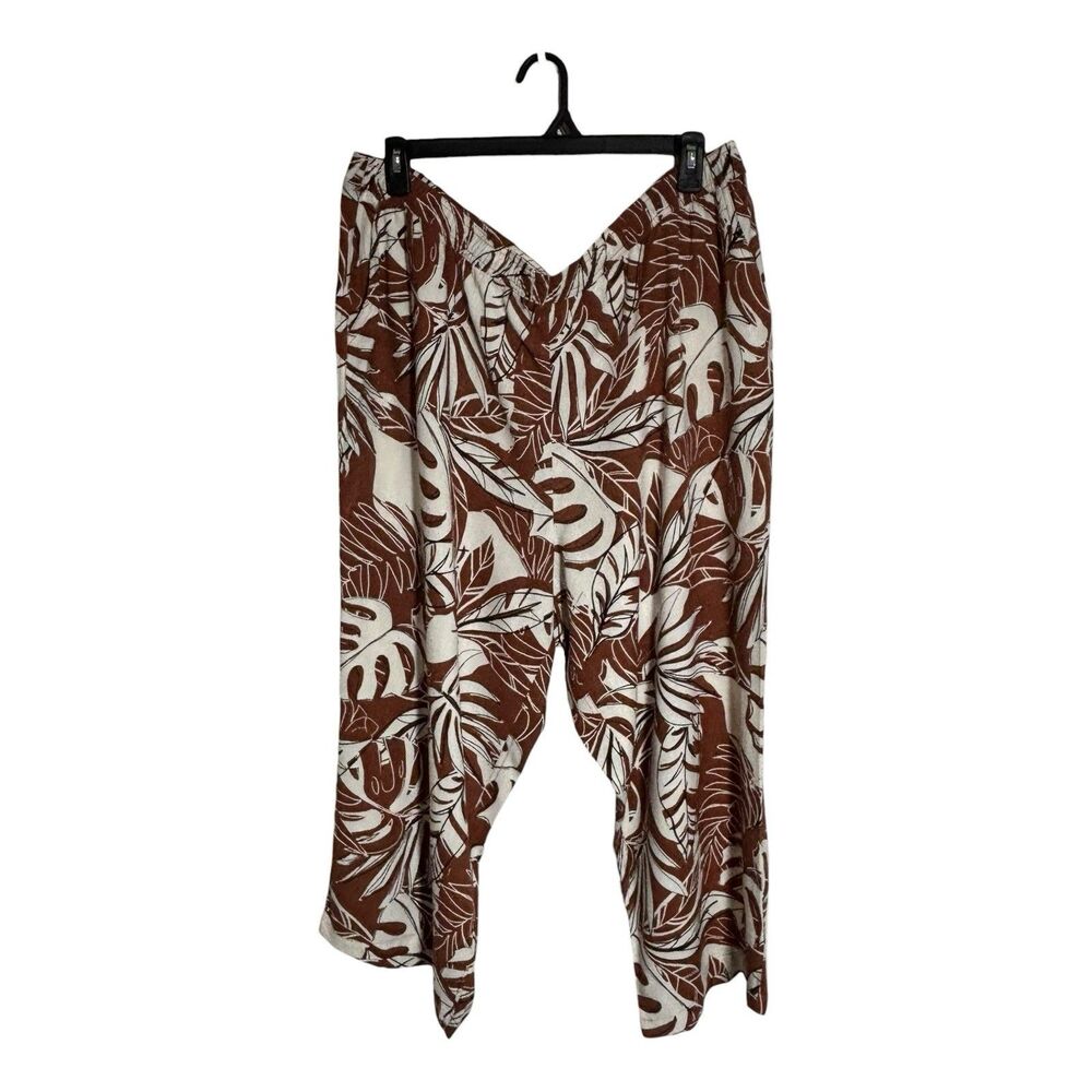 Susan Graver Linen Blend Wide Leg Pull-On Brown Tropical Palm Print Pants 2X
